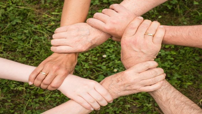 Group of people holding hands, palms closeup