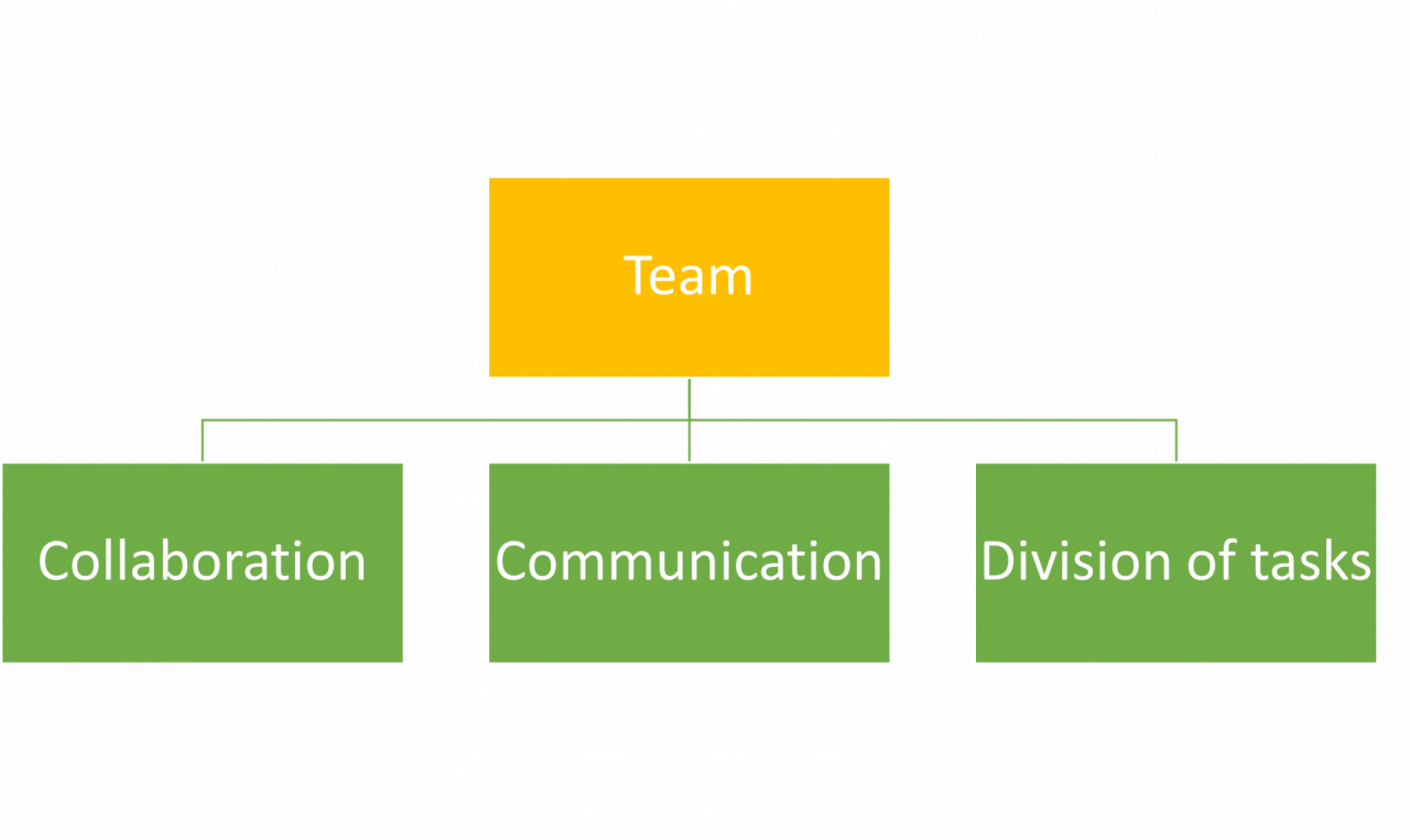 A team consist of collaboration, communication, and division of tasks.