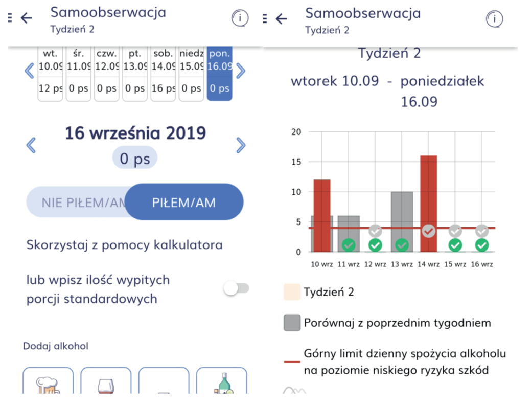 The screenshot on the left shows a preview of the calendar with an option to enter the number of drinks consumed. The screenshot on the right shows a weekly graph with the upper limit of daily alcohol consumption associated with a low risk of harm for each day of the selected week. The legend also includes the option - Compare with previous week.