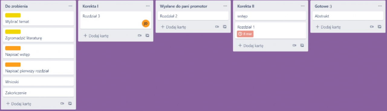 Screenshot of the Tello app. There are five groups of tasks visually arranged in columns on a purple background.