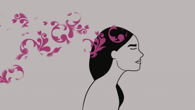 Rysunek kobiety z zamkniętymi oczami, na jej głowie i za nią różowe elementy graficzne