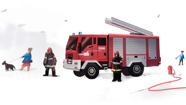 Grafika przedstawia wóz strażacki, stojących obok strażaków i panią z psem na smyczy.